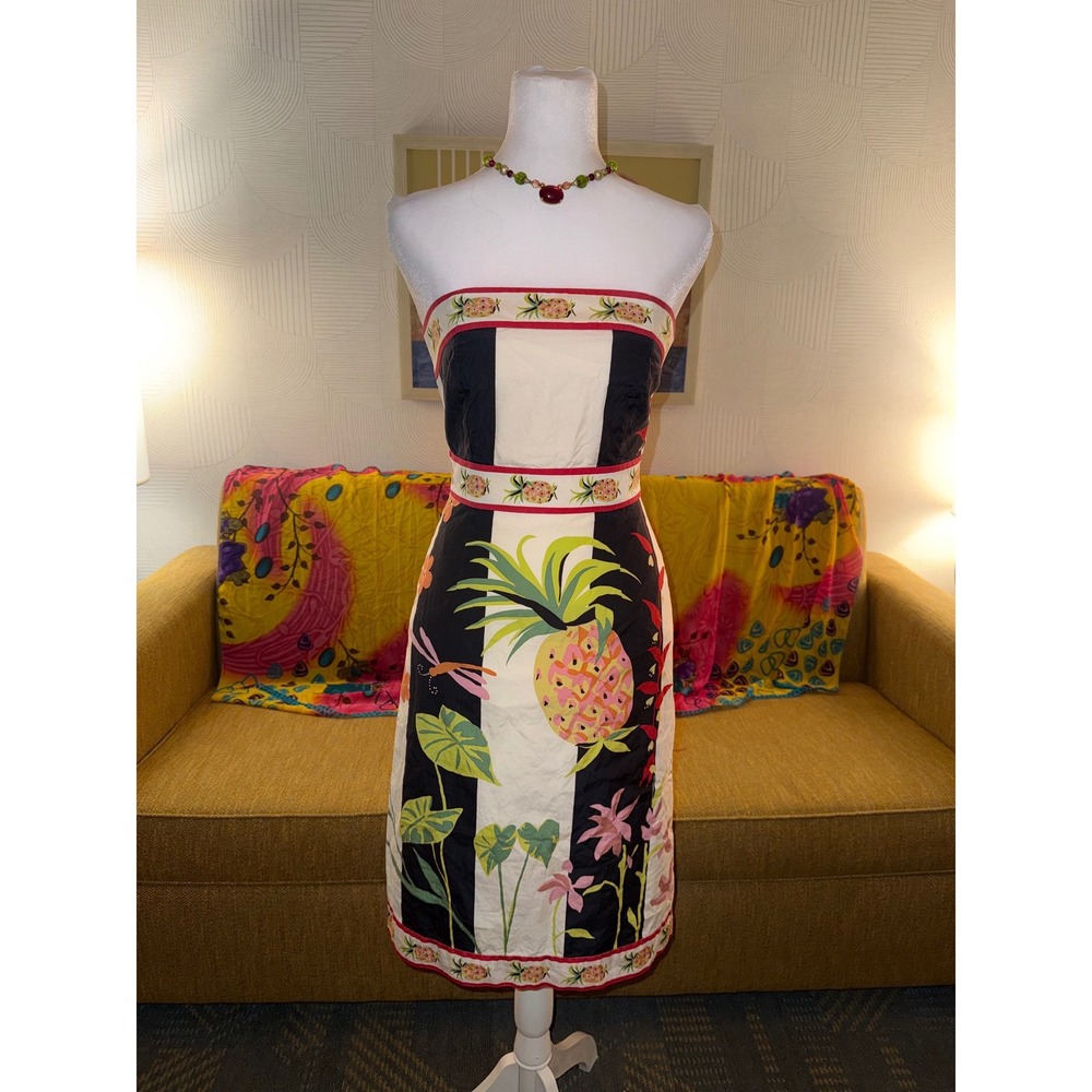 J.Crew Strapless Pineapple Floral Stripe 100 % Cotton Dress Black White Size 0